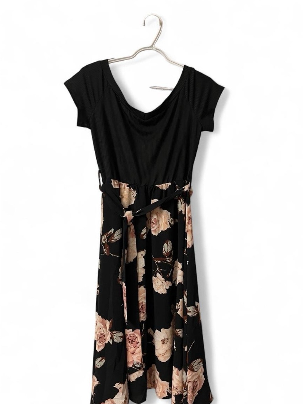 Black Floral Midi Dress with Tie Waist